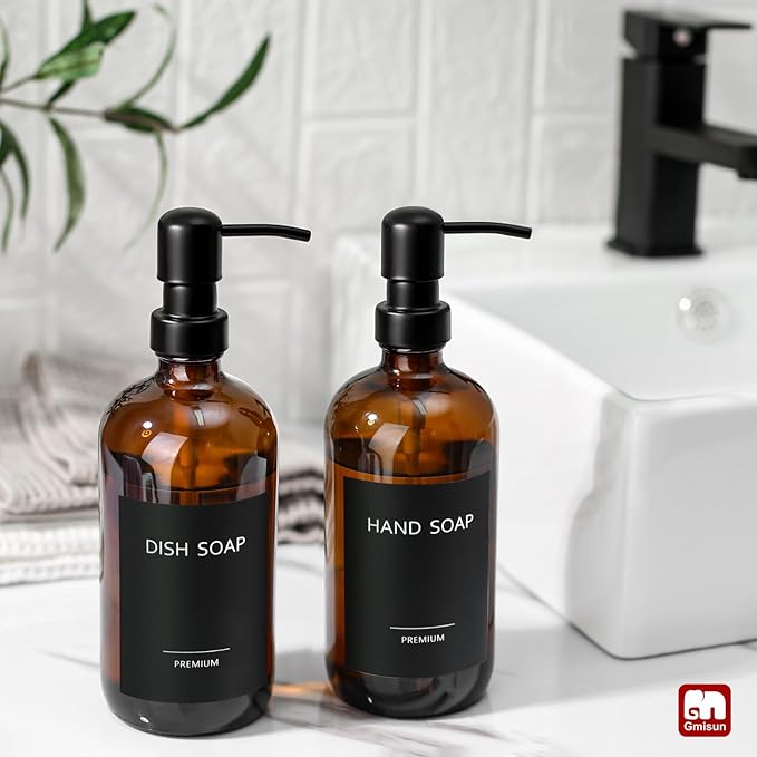 GMISUN Amber Glass Soap Dispenser, 2 Pack Bathroom Hand Soap Dispensers with Stainless Steel Pump, 17 Fl Oz Kitchen Hand and Dish Soap Dispenser Set, Modern Vintage Liquid Brown Soap Dispensers Bottle - Image 4
