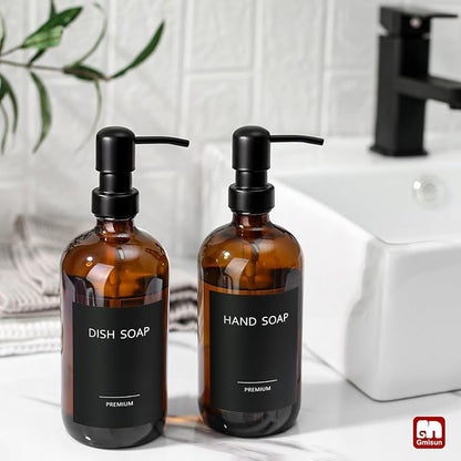 GMISUN Amber Glass Soap Dispenser, 2 Pack Bathroom Hand Soap Dispensers with Stainless Steel Pump, 17 Fl Oz Kitchen Hand and Dish Soap Dispenser Set, Modern Vintage Liquid Brown Soap Dispensers Bottle - Image 4