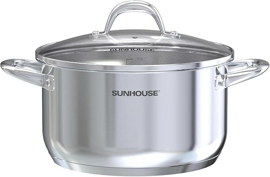 SUNHOUSE Stainless Steel Stock Pot - 7 Quart Heavy-Duty Induction Cooking Pot with Visible Lid for Pasta, Soup, Spaghetti - Nonstick Thick-Bottom Deep Stockpot for Canning, Boiling, and Simmering by SUNHOUSE