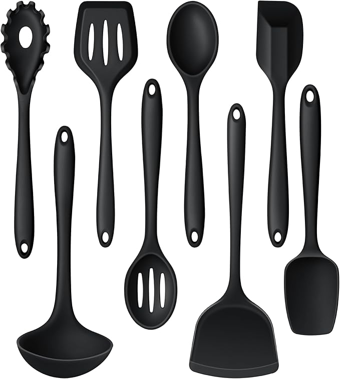 LIANYU 8Pcs Cooking Utensils Set, Heat Resistant Kitchen Utensils, Silicone Utensils Spatula Set for Nonstick Cookware with Spatula, Ladle, Turner, Spoon, Dishwasher Safe, Black by LIANYU