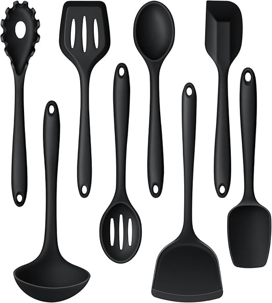 LIANYU 8Pcs Cooking Utensils Set, Heat Resistant Kitchen Utensils, Silicone Utensils Spatula Set for Nonstick Cookware with Spatula, Ladle, Turner, Spoon, Dishwasher Safe, Black by LIANYU