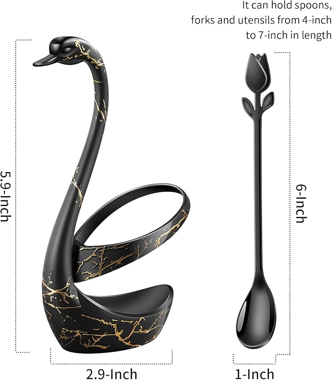 Black Small Coffee Spoon Holder Set,Swan Base With 12 Pcs Demitasse Espresso Spoons Set,6" Mini Tulip/Rose Dessert Spoon,Stainless Steel Tea Spoons - Image 3