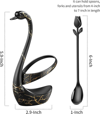 Black Small Coffee Spoon Holder Set,Swan Base With 12 Pcs Demitasse Espresso Spoons Set,6" Mini Tulip/Rose Dessert Spoon,Stainless Steel Tea Spoons - Image 3