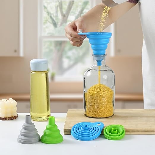 6 Pack Silicone Collapsible Funnels for Kitchen Use Filling Bottles, 3 Small and 3 Large Food Grade Kitchen Funnel Set for Filling Water, Oil, Spices, Powder – Silicone Funnels with Hook for Storage - Image 3