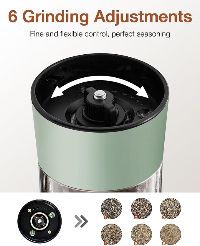 Electric Salt and Pepper Grinder Set–USB-C Rechargeable Charging Base Pepper Mill, Dual LED Light, Adjustable Coarseness,One-Handed Operation, Stainless Steel Sage Green Finish,2pack