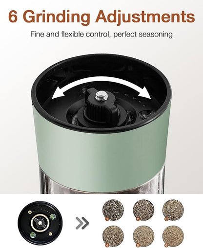 Electric Salt and Pepper Grinder Set–USB-C Rechargeable Charging Base Pepper Mill, Dual LED Light, Adjustable Coarseness,One-Handed Operation, Stainless Steel Sage Green Finish,2pack