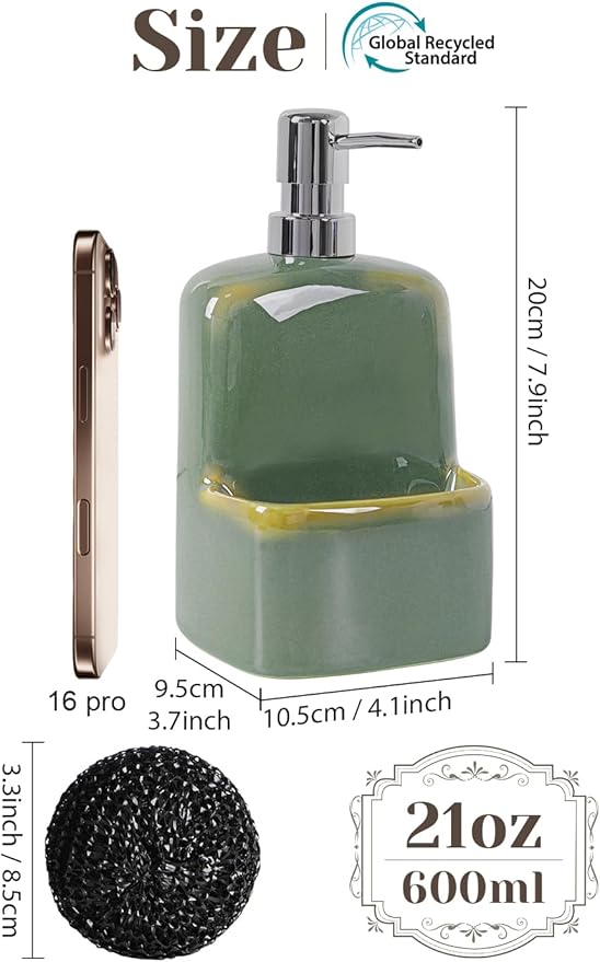 INGOFIN Kitchen Dish Soap Dispenser with Sponge Holder, 2-in-1 Ceramic Refillable Hand Soap Bottle & Sponge Caddy Set, for Kitchen Sink Organizer and Bathroom, Green