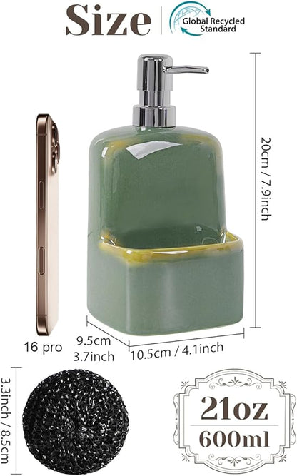 INGOFIN Kitchen Dish Soap Dispenser with Sponge Holder, 2-in-1 Ceramic Refillable Hand Soap Bottle & Sponge Caddy Set, for Kitchen Sink Organizer and Bathroom, Green