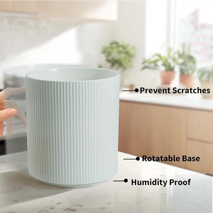 360° Rotating Utensil Holder for Kitchen Counter, 7.6'' Extra Large Utensil Caddy for Countertop, Modern Utensil Organizer for Spatula, with Rotatable Bamboo Base, White - Image 5
