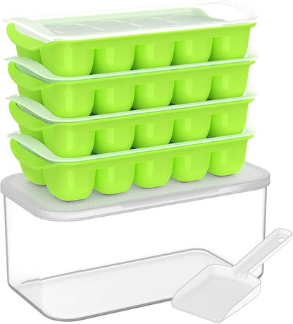 DOQAUS Ice Cube Tray with Lid and Bin - 4 Pack Ice Bucket Kits, Stackable Silicone Ice Trays for Freezer, Easy Pop Out, BPA Free for Cocktail, Coffee, Soup, Food, RV, Kitchen by DOQAUS