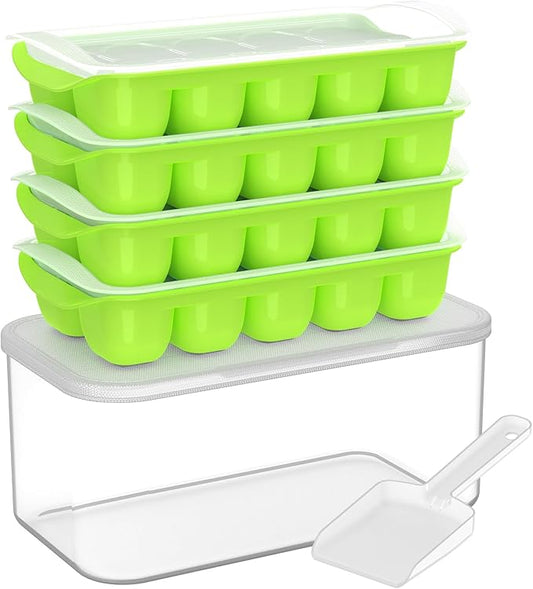 DOQAUS Ice Cube Tray with Lid and Bin - 4 Pack Ice Bucket Kits, Stackable Silicone Ice Trays for Freezer, Easy Pop Out, BPA Free for Cocktail, Coffee, Soup, Food, RV, Kitchen by DOQAUS