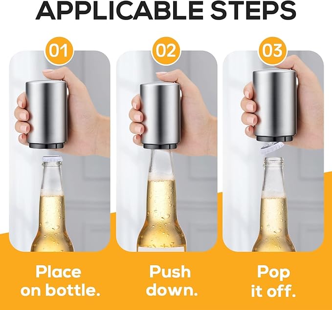 2PCS Premium Beer Bottle Opener, Automatic Stainless Steel Quick Pop the Top Can Openers by Magnet Catching No Damage Caps, Wine Accessory Push Down Off Magnetic Bartender Tool for Home Picnic Camping - Image 3