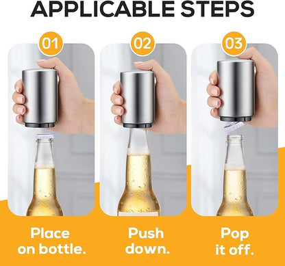 3PCS Premium Automatic Beer Bottle Opener, Magnet Stainless Steel Push Down Off Soda Lid Open Magnetic Catching No Damage Caps, Portable Pop the Top Bar Tools for Home Wine Accessories Picnic Camping - Image 3