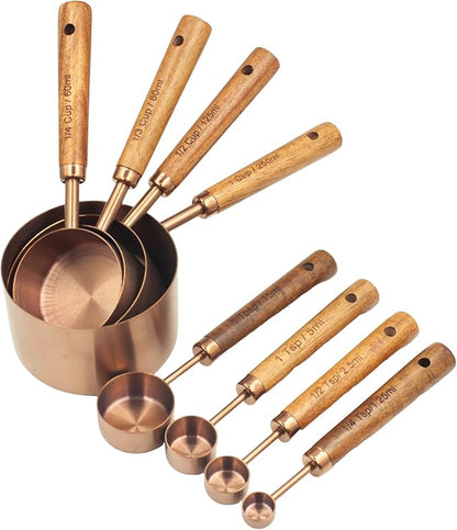 Measuring Cups and Spoons Set of 8, Stainless Steel Measuring Cup with Wooden Handle, Kitchen/Food/Liquid/Baking (Copper)