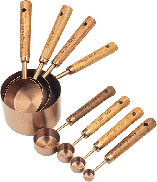 Measuring Cups and Spoons Set of 8, Stainless Steel Measuring Cup with Wooden Handle, Kitchen/Food/Liquid/Baking (Copper)