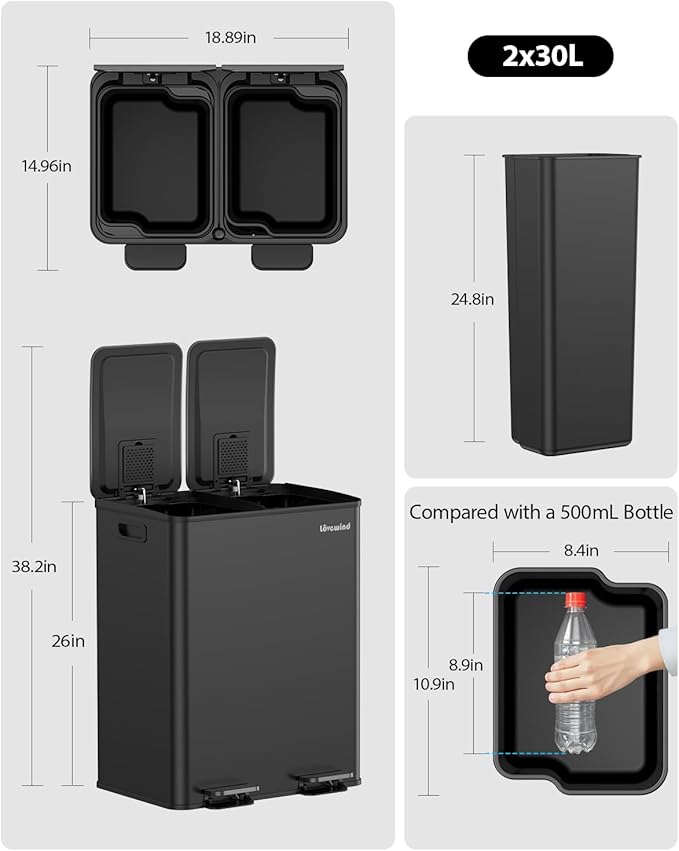 Lovewind Kitchen Trash Can, 2 x 8 Gallon (2 x 30 L) Stainless Steel Trash and Recycle Bin Combo with Soft-Close Lid, Dual Compartment Recycling Kitchen Step Trash Bin, Black - Image 4
