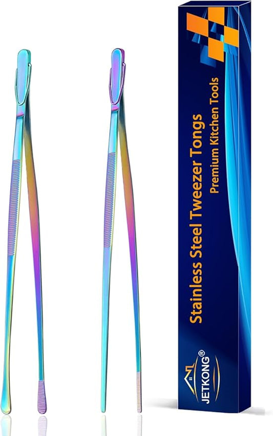 JETKONG 2 Pcs 9-Inch Culinary Tweezers Food Tweezers Kitchen Tweezer Tongs for Cooking (Rainbow) by JETKONG