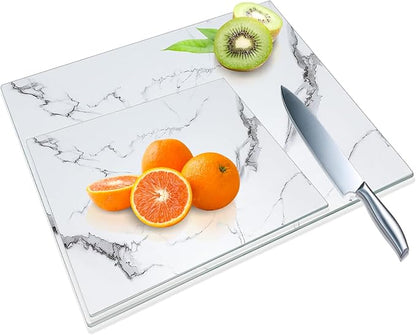 JAMBALAY Tempered Glass Cutting Boards for Kitchen, White 12"x8" & 16"x12" Glass Cutting Board Set with Marble Design, With Non Slip Foot, Shatter and Heat Resistant, Dishwasher Safe