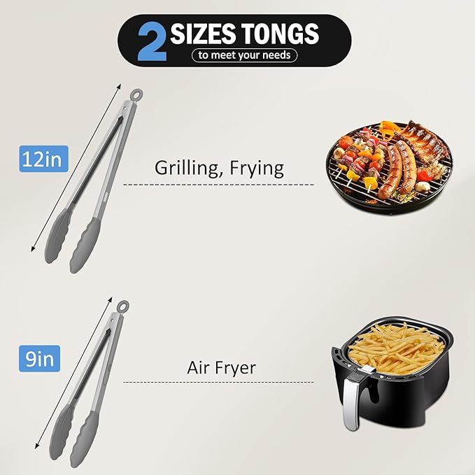 Tongs for Cooking, 600ºF High Heat-Resistant Stainless Steel Kitchen Tongs with Silicone Tips, Non Scratch, Locking Tong for BBQ Grilling Air Fryer Food Salads, Set of 2 (9" and 12") Light Grey - Image 7