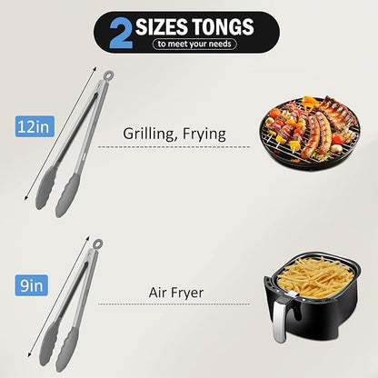 Tongs for Cooking, 600ºF High Heat-Resistant Stainless Steel Kitchen Tongs with Silicone Tips, Non Scratch, Locking Tong for BBQ Grilling Air Fryer Food Salads, Set of 2 (9" and 12") Light Grey - Image 7