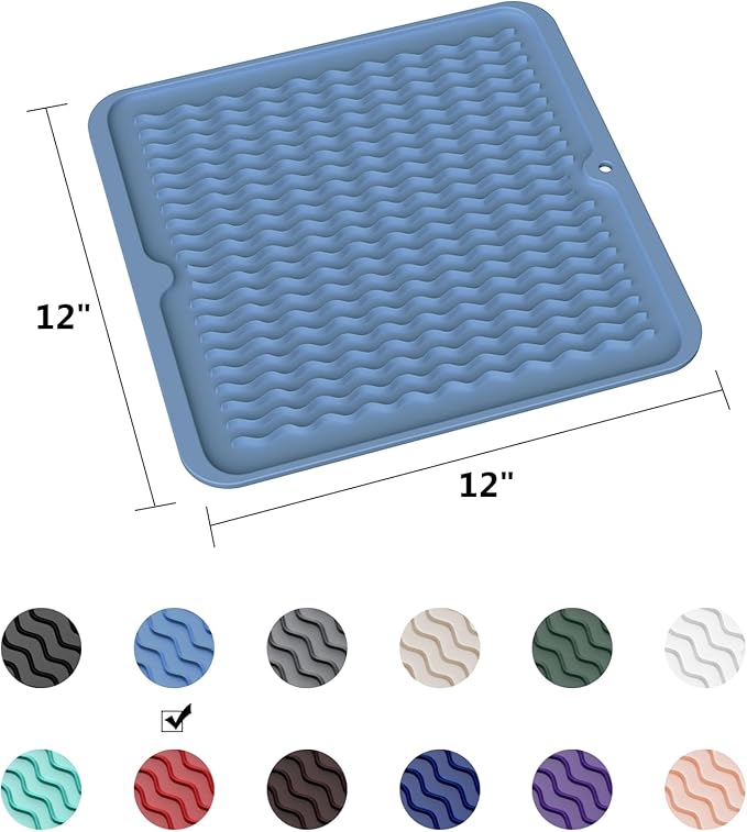 ZLR Silicone Dish Drying Mat 12" x 12" Square - Small Heat Resistant Trivet & Countertop Protector for Air Fryer, Coffee Maker - Waterproof Kitchen Drain Pad for Cups, Fruit (Lichen Blue) - Image 6