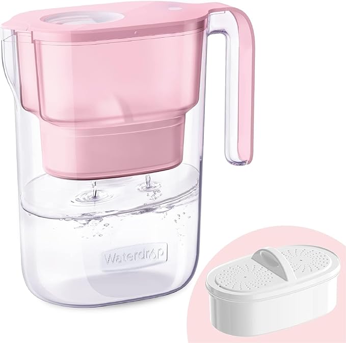 Waterdrop PT-05P Water Filter Pitcher, 7-Cup Capacity, NSF Certified, 5X Longer Filter Life, Up to 200 Gallons, for Fridge, Countertop, and Gift Giving, Reduces PFOA/PFOS, Chlorine, Pink by Waterdrop