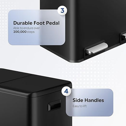 WLIVE 2 x 8 Gallon Stainless Steel Dual Trash Can, Double Trash Can Kitchen with Soft-Close Lid, Trash and Recycle Bin Combo, Kitchen Garbage Can with Deodorizing Filter Box and Inner Buckets, Black