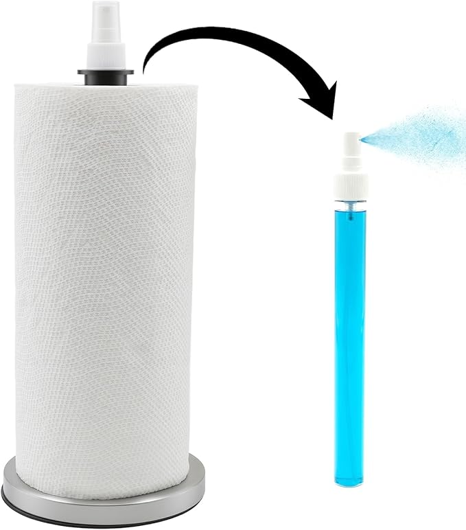 2 in 1 Paper Towel Holder with Spray Bottle, Countertop Paper Towel Holder with Weighted Base, Stainless Steel Paper Towel Roll Holder Black for Kitchen, Bathroom (Silver)