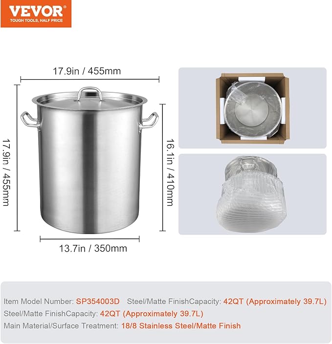 VEVOR 18/8 Stainless Steel Stockpot, 42QT Large Cooking Pots, Multipurpose Cookware Sauce Pot with Composite Base, Heavy Duty Commercial Grade Stock Pot, Sanding Treatment, for Large Groups Events - Image 7