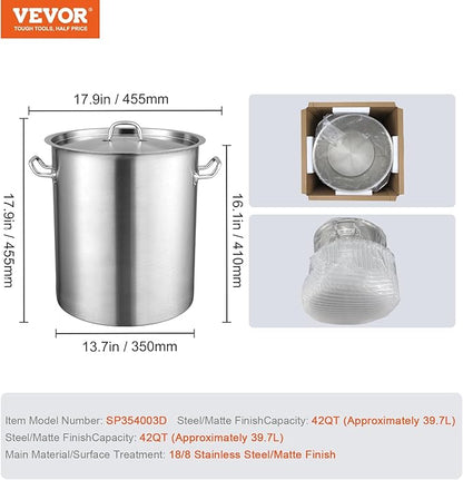 VEVOR 18/8 Stainless Steel Stockpot, 42QT Large Cooking Pots, Multipurpose Cookware Sauce Pot with Composite Base, Heavy Duty Commercial Grade Stock Pot, Sanding Treatment, for Large Groups Events - Image 7