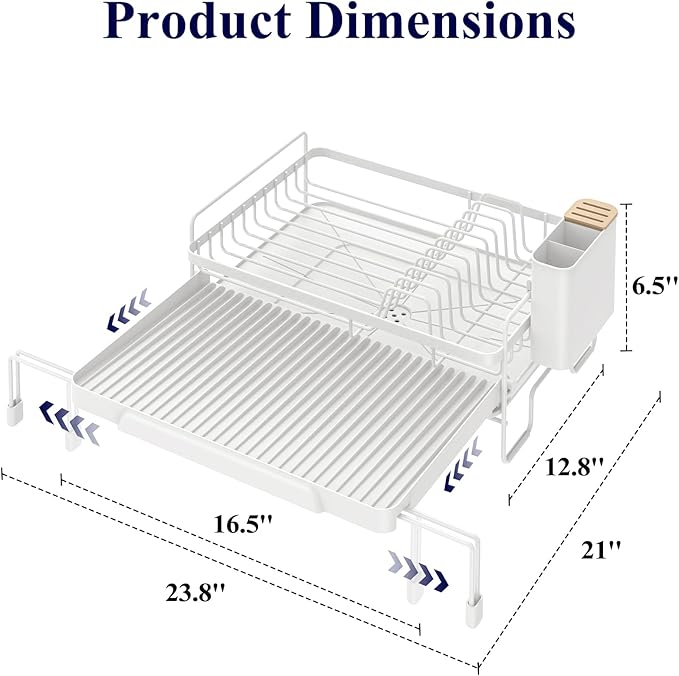 Kitsure Extendable Dish Drying Rack - Adjustable Length 12.8"–21.0", Auto-Draining Dish Rack for Kitchen Counter, Rust-Resistant Metal Frame Over-Sink Support for Plates, Bowls & Utensils, White - Image 2