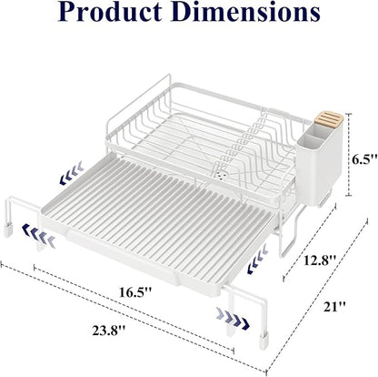 Kitsure Extendable Dish Drying Rack - Adjustable Length 12.8"–21.0", Auto-Draining Dish Rack for Kitchen Counter, Rust-Resistant Metal Frame Over-Sink Support for Plates, Bowls & Utensils, White - Image 2
