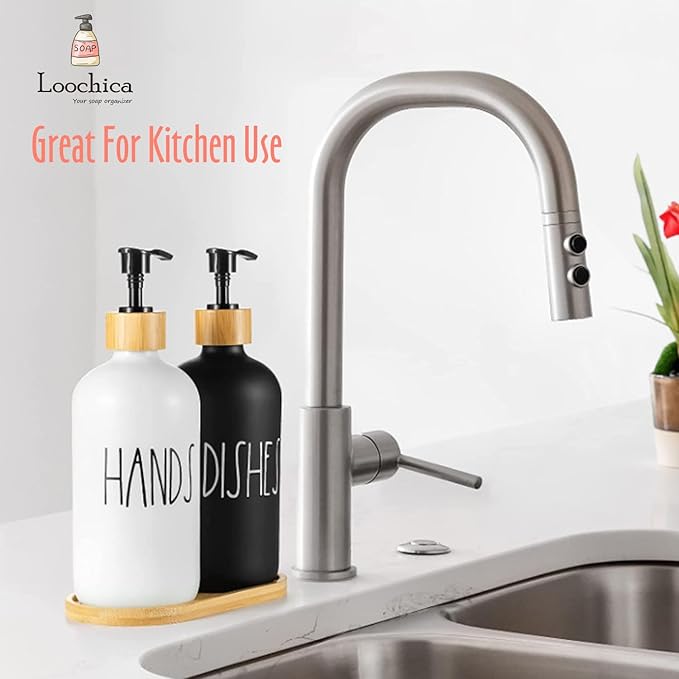 LOOCHICA 2 Pack Glass Soap Dispenser Set with Tray, Hand and Dish Glass Soap Dispensers for Kitchen Sink, Kitchen Soap Dispenser Set Suitable for Black and White Kitchen Decor - Image 7