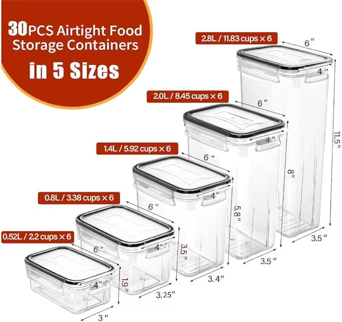 PRAKI 30 Pack Airtight Food Storage Containers for Kitchen Pantry Organizers and Storage, Plastic Kitchen Storage Canisters with Lids,Cereal, Flour & Sugar Containers - Labels, 6 Spoon & Marker - Image 2