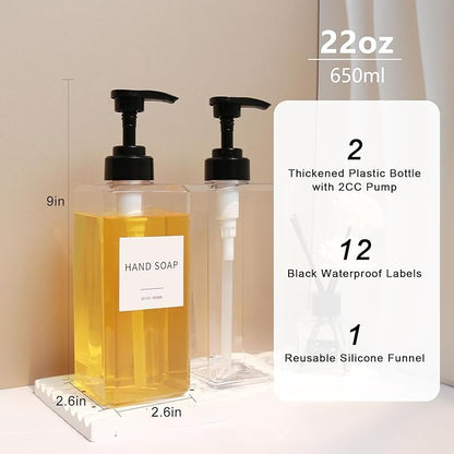 Clear Soap Dispenser with Waterproof Labels, Thickened Plastic Hand Soap Dispenser for Bathroom, Kitchen Dish Washing Liquid Bottles, Shampoo and Conditioner Bottles with Funnel (22oz 2Pack Clear) - Image 2