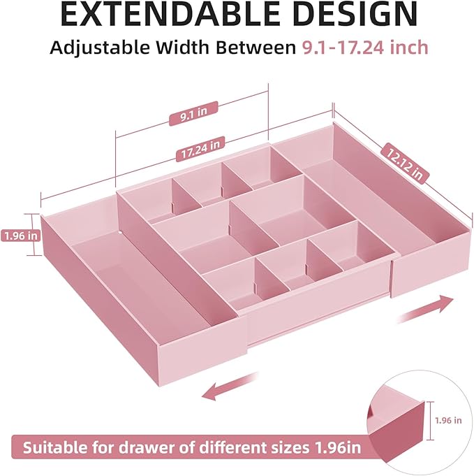 Marbrasse Expandable Desk Drawer Organizer, Clear Plastic Drawer Organizer Tray with 10 Adjustable Compartments, Desk Organizers and Accessories, 5 Drawer Dividers for Office Supplies, Makeup (Pink) - Image 2