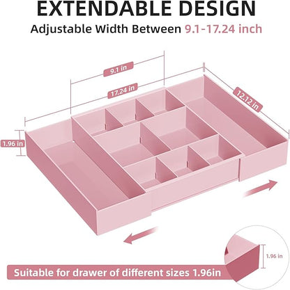 Marbrasse Expandable Desk Drawer Organizer, Clear Plastic Drawer Organizer Tray with 10 Adjustable Compartments, Desk Organizers and Accessories, 5 Drawer Dividers for Office Supplies, Makeup (Pink) - Image 2