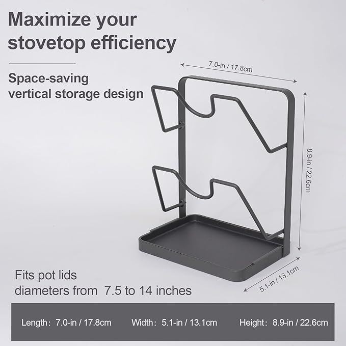 Space-Saving Carbon Steel Pot Lid Holder While Cooking, Double-Layer Kitchen Pot Lid Storage Rack with Removable Drip Tray, Countertop Vertical pan lid organizer for pots and pans(Dark Grey)