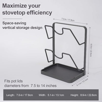 Space-Saving Carbon Steel Pot Lid Holder While Cooking, Double-Layer Kitchen Pot Lid Storage Rack with Removable Drip Tray, Countertop Vertical pan lid organizer for pots and pans(Dark Grey)