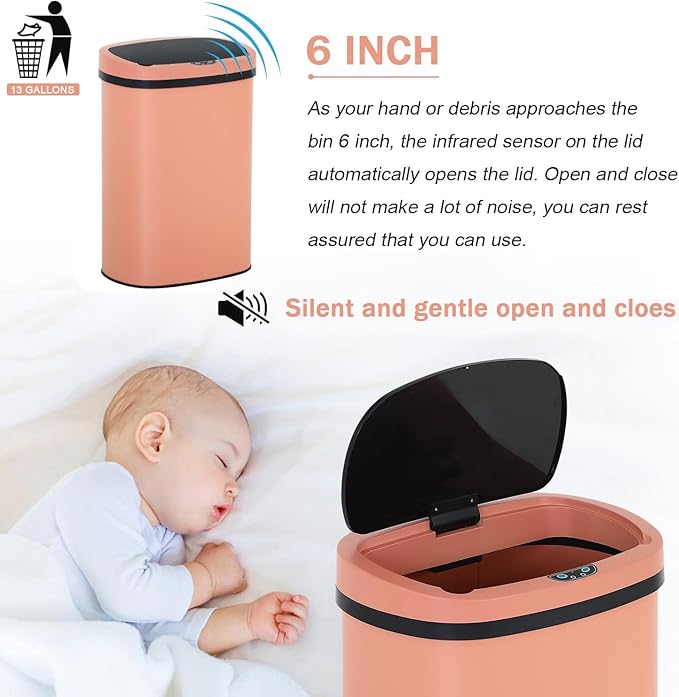 Bigacc 13 Gallon Stainless Steel Trash Can Automatic Trash Can Garbage Can Bathroom Garbage Can with Lid for Kitchen Living Room Office Bathroom, Electronic Motion Sensor Automatic, Pink - Image 6