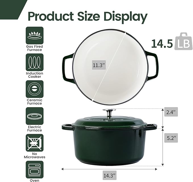 EDGING CASTING Enameled Cast Iron Dutch Oven Pot With Lid, Dutch Oven for Sourdough Bread Baking Round Pot Dule Handle, 7.5 Quart, Green