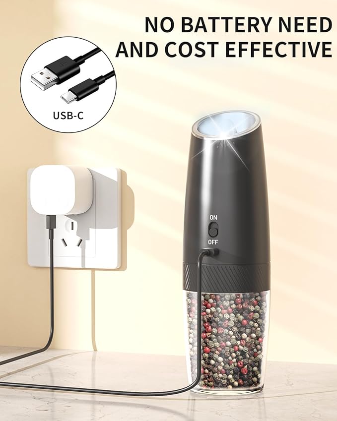 CIRCLE JOY Gravity Electric Pepper Grinder Rechargeable Salt Grinder Pepper Griner Mill Electric with LED Light, No Battery Needed, Adjustable Coarseness, Washable 135ml Container, Black - Image 3