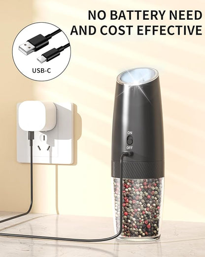 CIRCLE JOY Gravity Electric Pepper Grinder Rechargeable Salt Grinder Pepper Griner Mill Electric with LED Light, No Battery Needed, Adjustable Coarseness, Washable 135ml Container, Black - Image 3