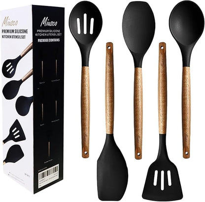 Kitchen Utensils Set, Silicone Cooking Utensils Set,Non-Stick Silicone Spatula Set with Natural Acacia Hard Wood Handle, 5 Piece, Upgraded Thickened Cookware by Miusco