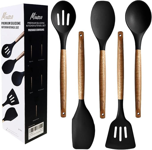 Kitchen Utensils Set, Silicone Cooking Utensils Set,Non-Stick Silicone Spatula Set with Natural Acacia Hard Wood Handle, 5 Piece, Upgraded Thickened Cookware by Miusco