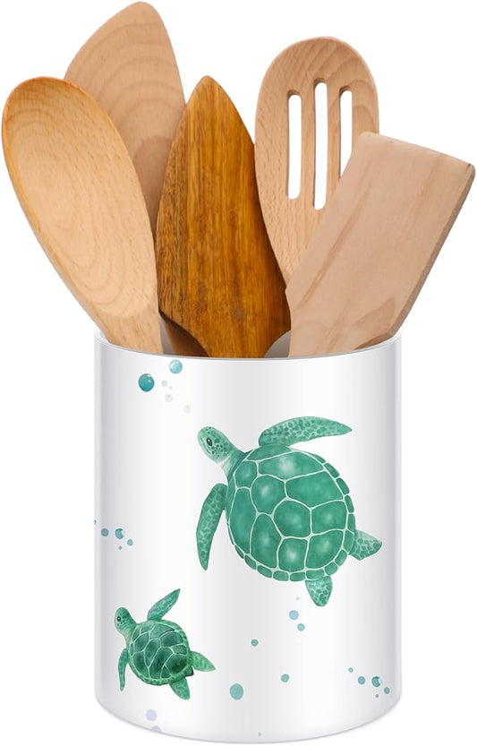 WILLBOND Coastal Utensil Holder for Kitchen Sea Turtle Utensil Holder Summer Kitchen Decor Cute Acrylic Cooking Crock Organizer Countertop Storage Organizer Container Housewarming Gift