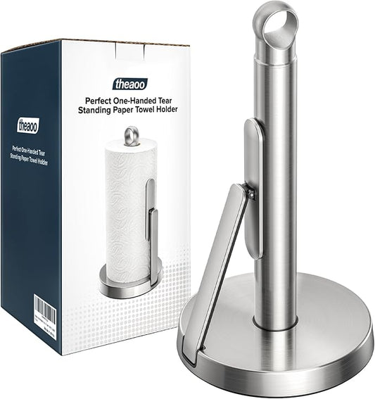 theaoo Heavy-Duty Stainless Steel Paper Towel Holder with Tension Arm – Easy One-Handed Tear, Modern Standing Countertop Dispenser for Kitchen, Holds All Paper Towel Rolls (1, Silver) by theaoo