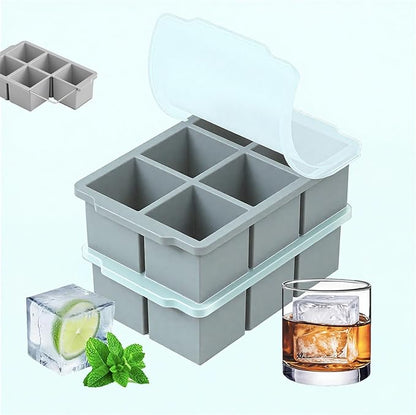 Large Ice Cube Trays for Whiskey, silicone ice cube trays with lid, Enhanced Stability with Built-in Steel Ring, 2inch Huge Cubed ice cube molds, Stackable, Easy Release, Dishwasher Safe(2Pack,Gray)