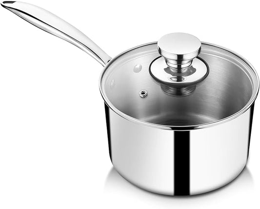 P&P CHEF 2 Quarts Tri-Ply Stockpot and Saucepan, Stainless Steel Sauce Pan with Lid, Cooking Induction Pot, Kitchen Cookware for All Stoves, Non-Toxic, Sturdy & Dishwasher Safe, 1 Piece