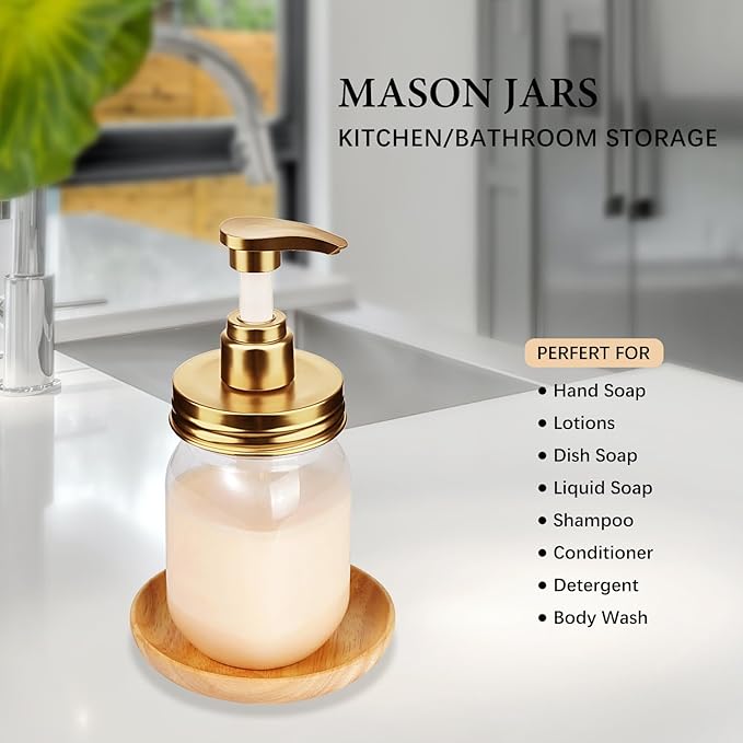 Amolliar Plastic Mason Jar Soap Dispenser with Pump Lid,16OZ Refillable BPA-Free Hand Soap Dispenser Set with Cute Lables - for Kitchen/Bathroom, Liquid Soap, Dish Soap, Lotion (2 Pack, Gold) - Image 5